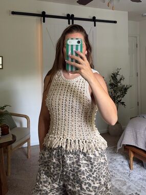 Cream Crochet Fringe Tank Top - Women's Sleeveless Knit